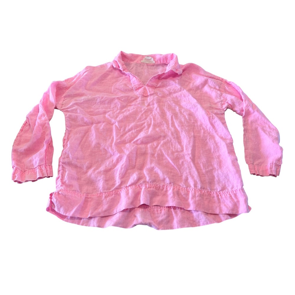 C&C California Pink 100% Linen Ruffle Hem Tunic Top Womens Large Split Neck